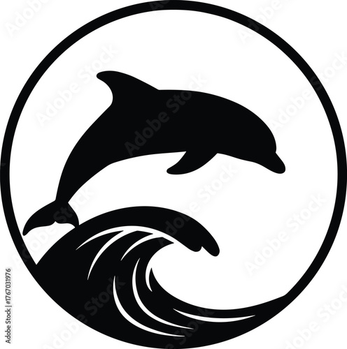 Dolphin leaping above waves in circle silhouette cartoon illustration, symbolic motion and expressive marine artwork for lifestyle design