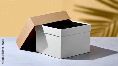 Fototapeta Naklejka Na Ścianę i Meble -  Open white storage box with a brown lid positioned on a smooth surface, casting shadows against a soft yellow background, ideal for showcasing products or creative designs with copy space