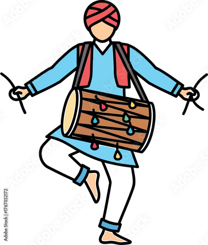 Energetic punjabi man in traditional attire playing the dhol drum with sticks during a vibrant dance performance