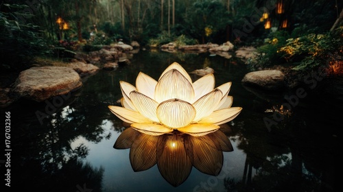 Fototapeta Naklejka Na Ścianę i Meble -  Glowing lotus flower floating on tranquil pond surrounded by greenery  