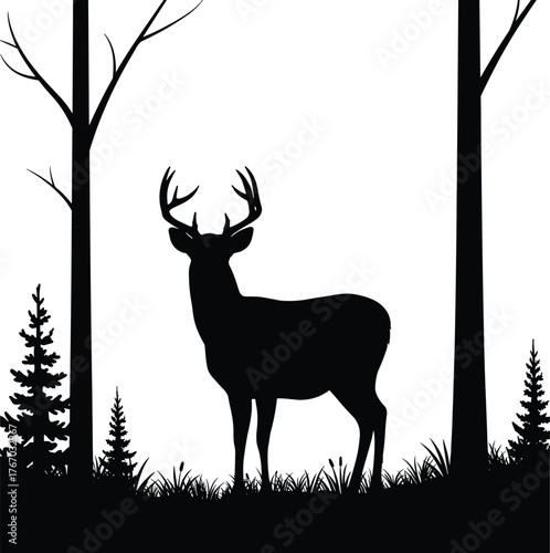 Deer in forest with birds silhouette cartoon illustration, symbolic nature and expressive wildlife artwork for lifestyle and design