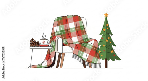 Cozy armchair with plaid blanket and Christmas tree decoration  