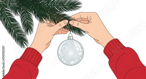 Hands placing Christmas ornament on tree branch during holidays  