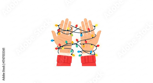 Hands tangled in colorful Christmas lights for New Year, Christmas  