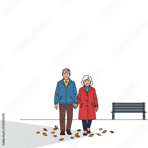 Elderly couple walking, enjoying a leisurely stroll in the autumn park, holding hands