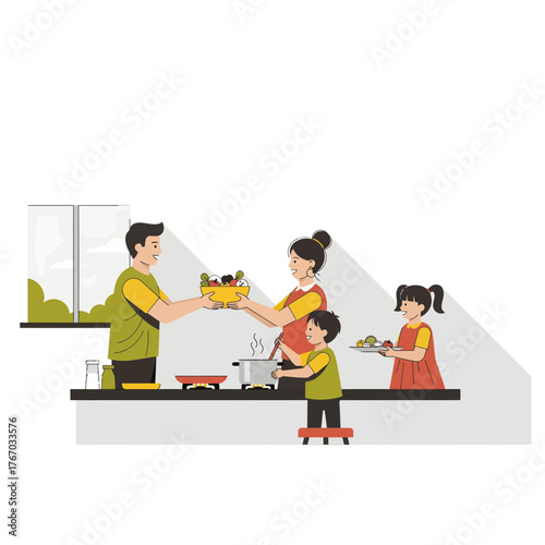 Family preparing and serving food in kitchen
