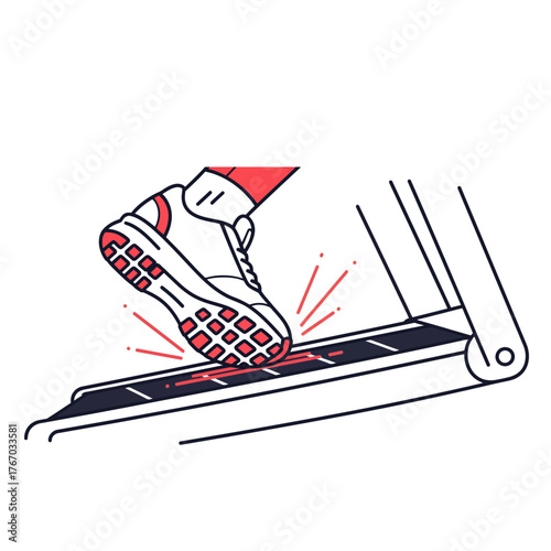 A person's foot in athletic shoe on treadmill 