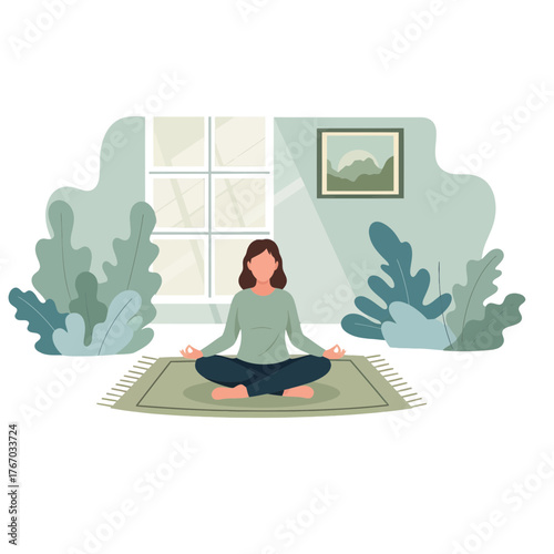 A woman meditates in her tranquil living room, promoting wellness and peace. The serene indoor scene invites relaxation and mindful practices. 