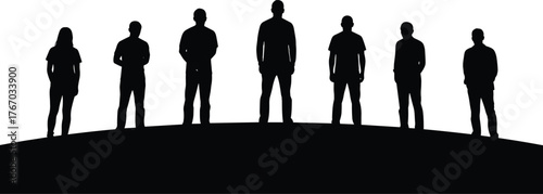 Group standing on curved surface silhouette cartoon illustration, symbolic unity and expressive presence artwork for lifestyle and design