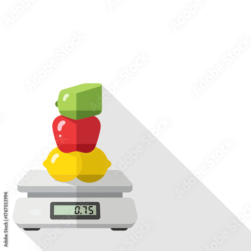 A colorful fruit tower balancing on a digital scale, illustrating the concept of weight measurement and healthy eating