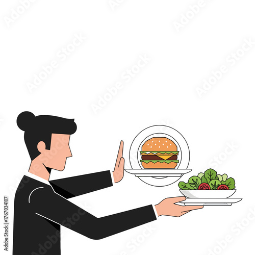 A person making a food choice, opting for a salad over a burger, symbolizing healthy eating