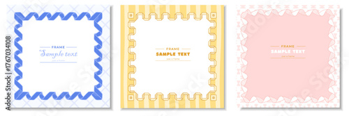 Set of pastel geometric frames in blue, yellow, and pink colors. Minimal vector templates for invitations, posters, and decorative graphic design projects.