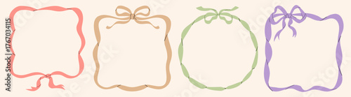 Set of pastel ribbon frames with bows. Elegant vector borders in pink, beige, green, and purple colors. Perfect for invitations, greeting cards, or decorative design projects.