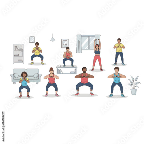 People exercising indoors with various weights in an illustrated, outlined style. They appear to be in a shared space, possibly a studio or home gym