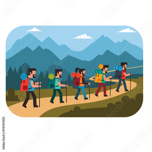 A group of hikers with backpacks enjoying a trek amidst majestic mountains
