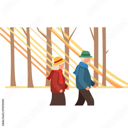 A couple enjoys a tranquil walk in a scenic forest setting, with sunlight creating an enchanting ambiance. The mature couple are absorbed in the pleasant nature