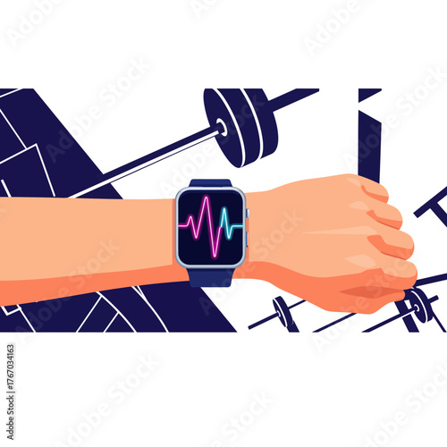A smartwatch displaying a heartbeat, with gym equipment in the background, a concept of workout routine. The watch shows the person's real-time physical condition. 