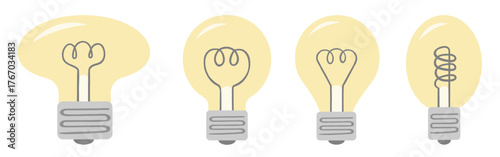 Set of vintage light bulbs with different filament shapes. Minimal flat vector illustration of glowing lamps for design, creativity, and innovation concepts.