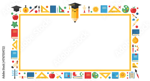 Educational Border Frame with School Supplies and Graduation Cap, Perfect for Children's Projects and Creative Learning Designs