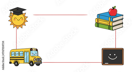 Education journey from sunny start to knowledge acquisition, symbolizing school bus, books, and a happy blackboard, representing the path of learning and growth