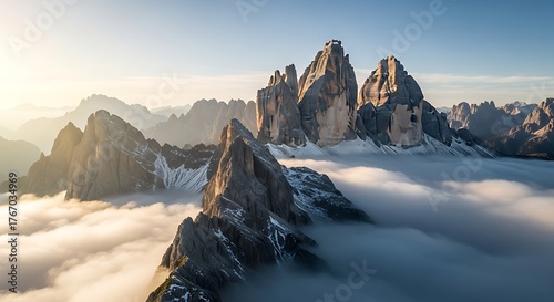 Jagged mountain peaks emerge from a sea of clouds at sunrise rock sharp