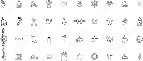 Christmas Holiday Line Icon Set. Winter, New Year, Festive Line Art Vector Collection of Decorations, Gifts, Snowflakes, and Seasonal Symbols