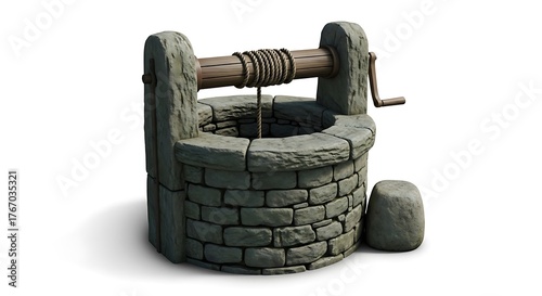 Stone water well with wooden crank and rope on white background stone well wishing well