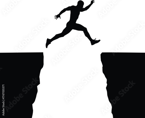 Person leaping across cliff silhouette cartoon illustration, symbolic courage and expressive gesture artwork for lifestyle and emotional design