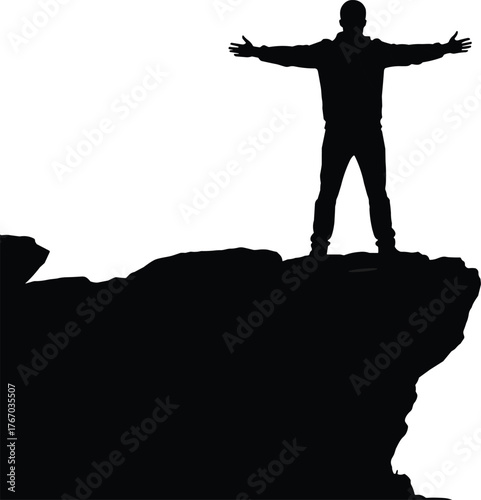Person on cliff with arms outstretched silhouette cartoon illustration, symbolic freedom and expressive gesture artwork for lifestyle design