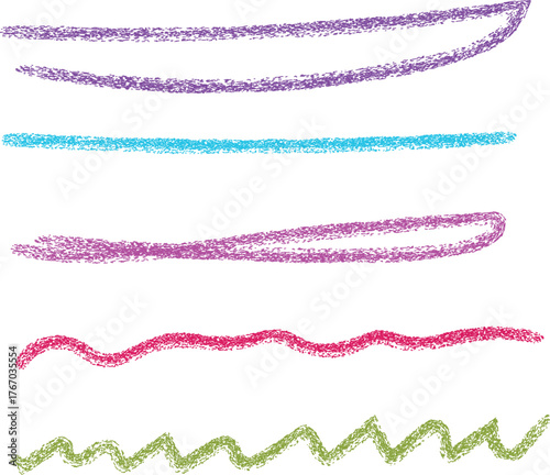 Colorful crayon divider set with purple dots, pink strokes, blue zigzags, green lines, orange waves, and red dashes in chalk texture. Hand-drawn underline elements for borders, highlights, and decorat