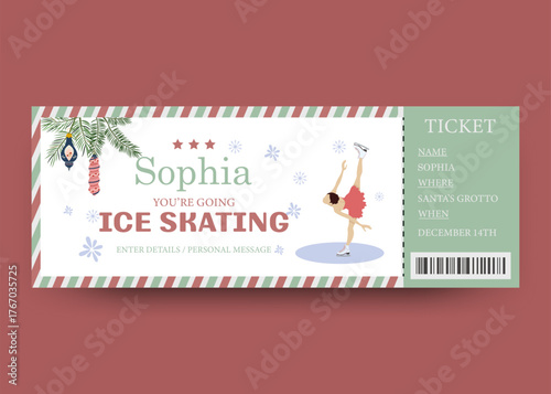 A personalized invitation to the rink. A ticket to figure skating and christmas tree. Vector illustration on the pink background