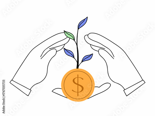 Hands holding golden coin and growing plant symbolizing investment and profit