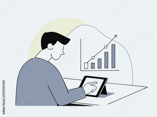 Businessman analyzing financial growth graph and bar chart on digital tablet