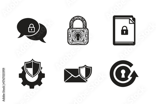 set of Security and protection icons featuring locks shields and data symbols isolated on white background