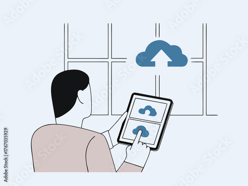 Businessman using tablet showing cloud computing and data transfer graphics