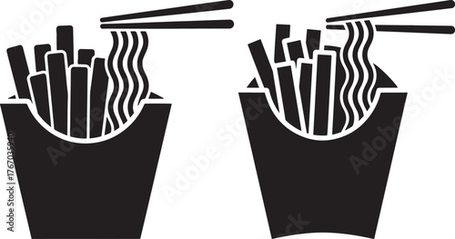 Chopsticks holding noodles above french fries in paper containers