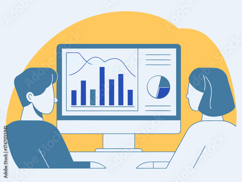 Digital marketing team analyzing web analytics chart on big monitor