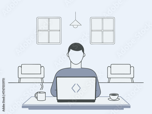 Startup founder coding on laptop in minimalist modern workspace