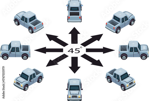 Isometric blue pickup truck set. A stylized vector illustration of a metallic blue pickup truck shown in isometric view from eight different angles.