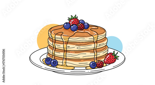 Stack of fluffy pancakes drizzled with syrup and topped with fresh berries on a plate.