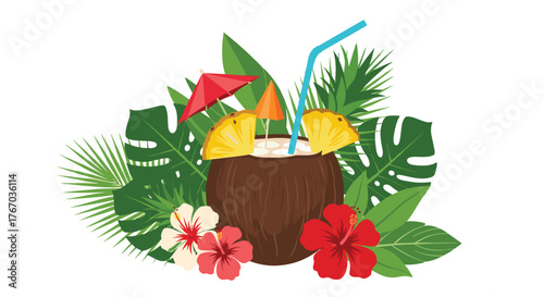 Tropical coconut drink with pineapple slices and hibiscus flowers on a white background.