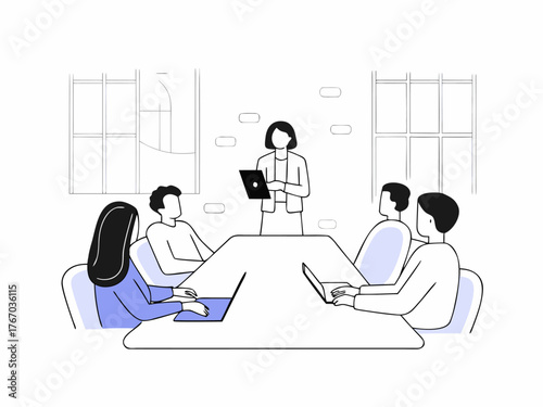 Businesswoman leading team discussion with digital tablet in modern coworking space