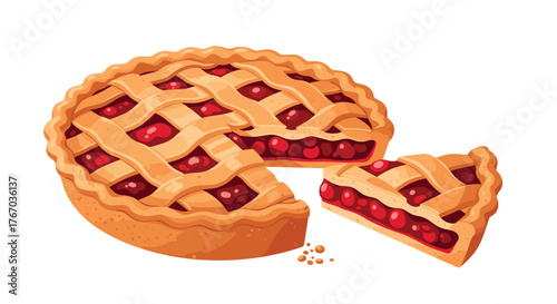 A delicious cherry pie with a lattice crust and one slice removed was baked to perfection.
