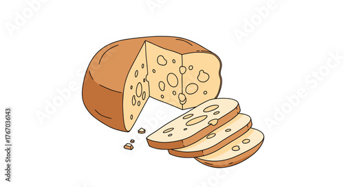 A cartoon illustration of a wheel of Swiss cheese with a wedge cut out and three slices beside it.