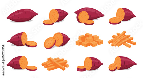 Various preparations of sweet potatoes, including whole, sliced, diced, and fries.