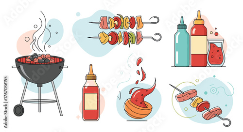 Illustration of various barbecue items including a grill, skewers, and sauces.