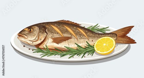 Whole roasted fish garnished with rosemary and lemon slices on a plate.