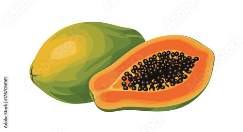 A whole green and yellow papaya fruit next to a cut half revealing its orange flesh and black seeds.