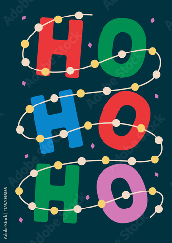 Greeting holiday card with vector decorative Christmas colorful letters and light garlands on dark blue background in flat style.
