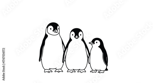 Three cartoon penguins standing in a line, with the middle one being the largest.